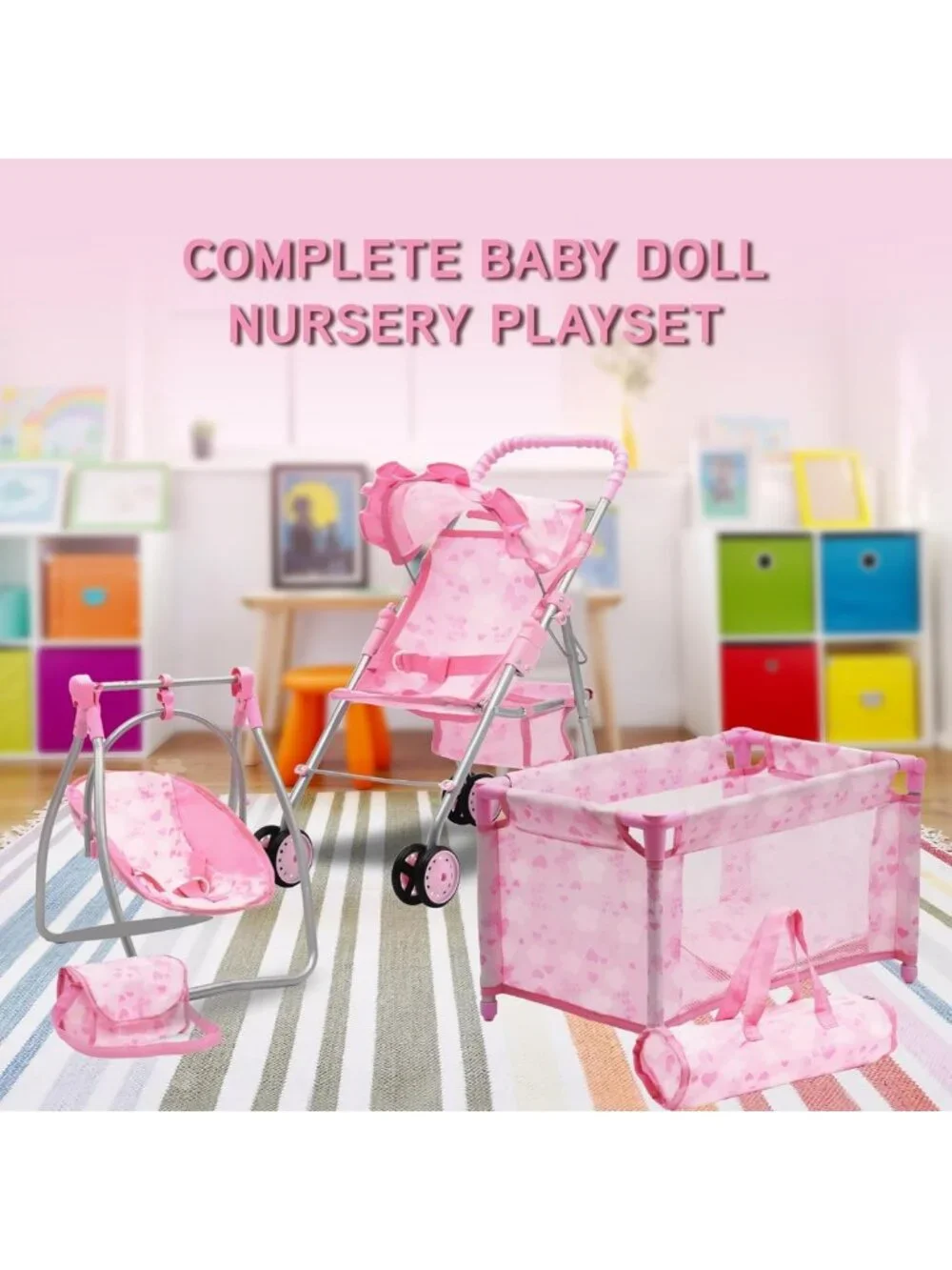 Deluxe Baby Doll Stroller, Swing & High Chair Playset with Diaper Bag